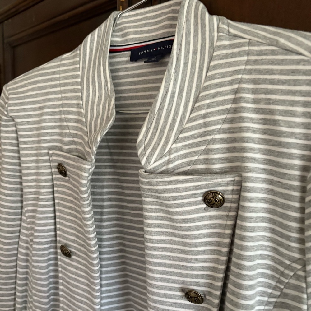Tommy Hilfiger Women's Gray & White Striped Military Band Jacket Large - Picture 2 of 6